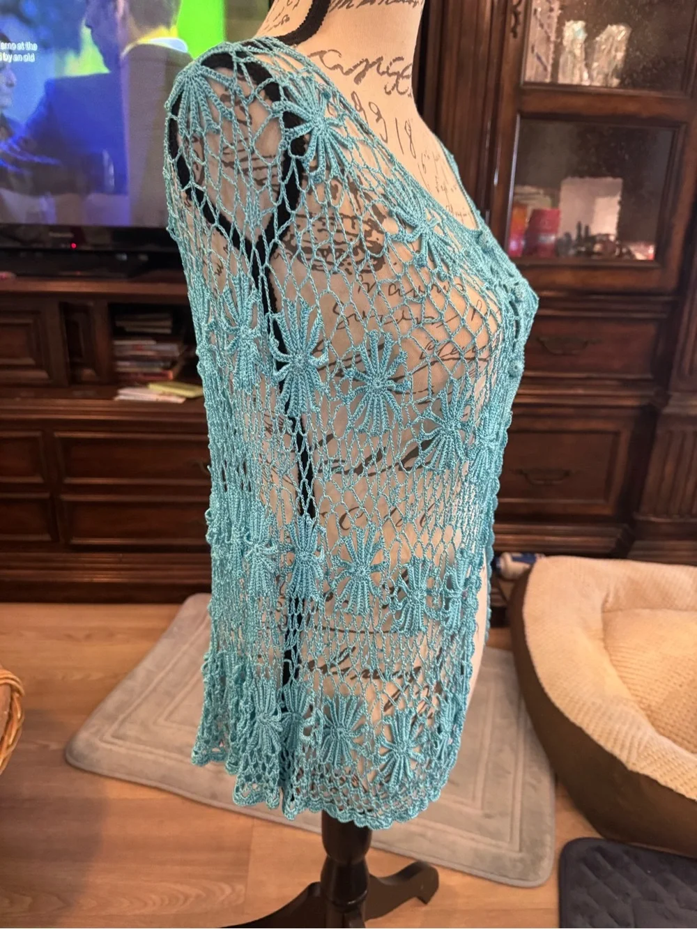 Say what one size Teal Crochet Lace top